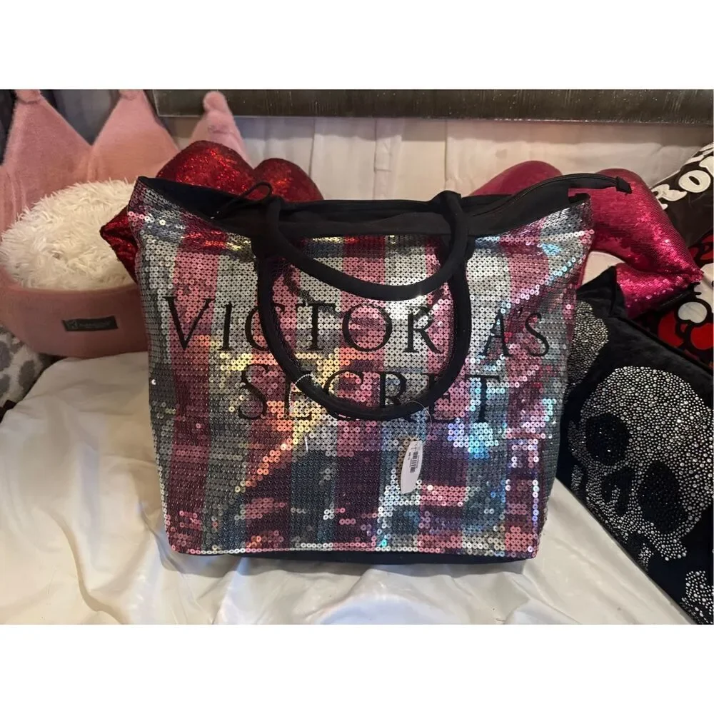 Victorias secret/Vs shopper tote beach bag black/pink signature stripe sequin