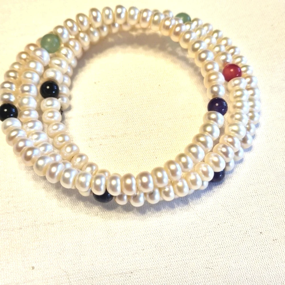 Button Pearl Colorful Gemstone Bangle Wrap Bracelet