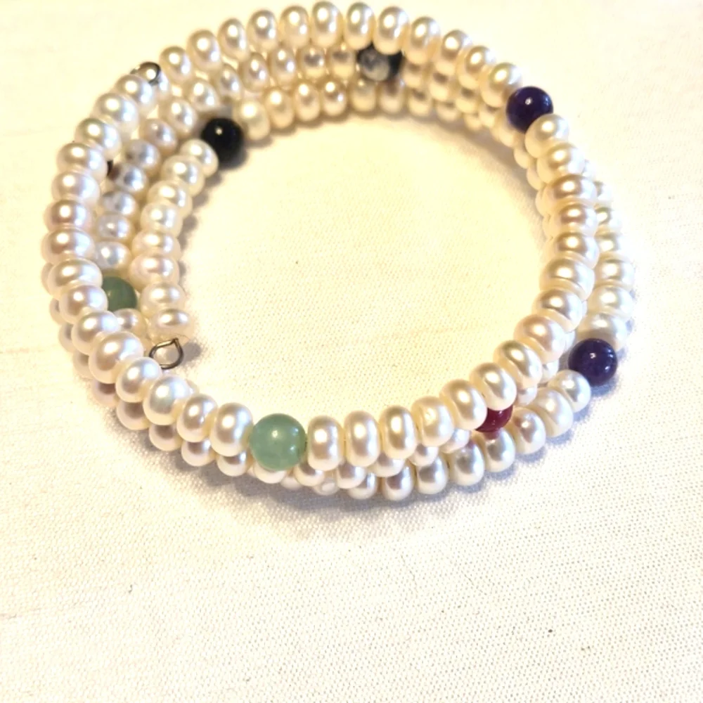 Button Pearl Colorful Gemstone Bangle Wrap Bracelet