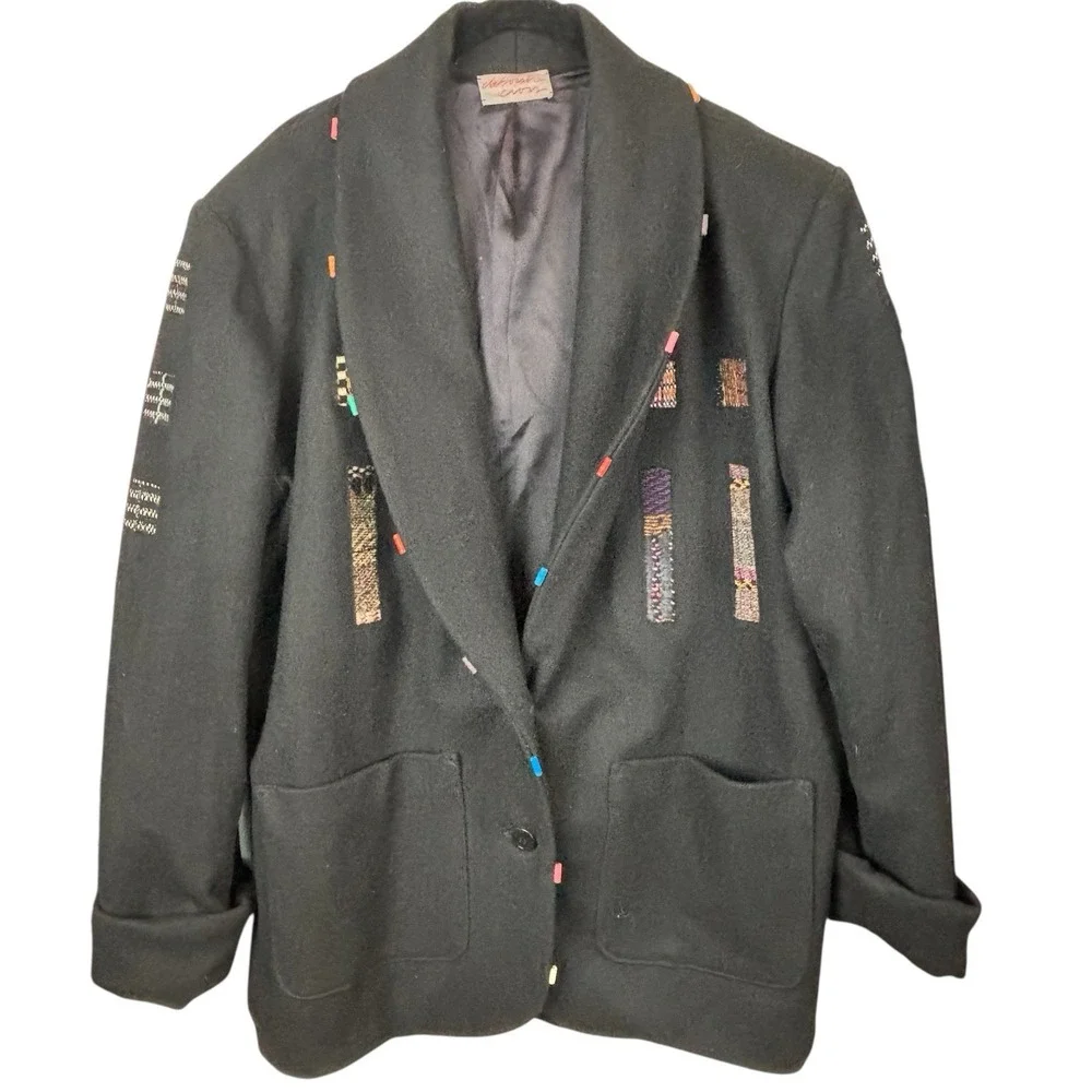 Vtg DEBORAH CROSS‎ Textile Artist Embroidered Patchwork Wool Coat Black One Size
