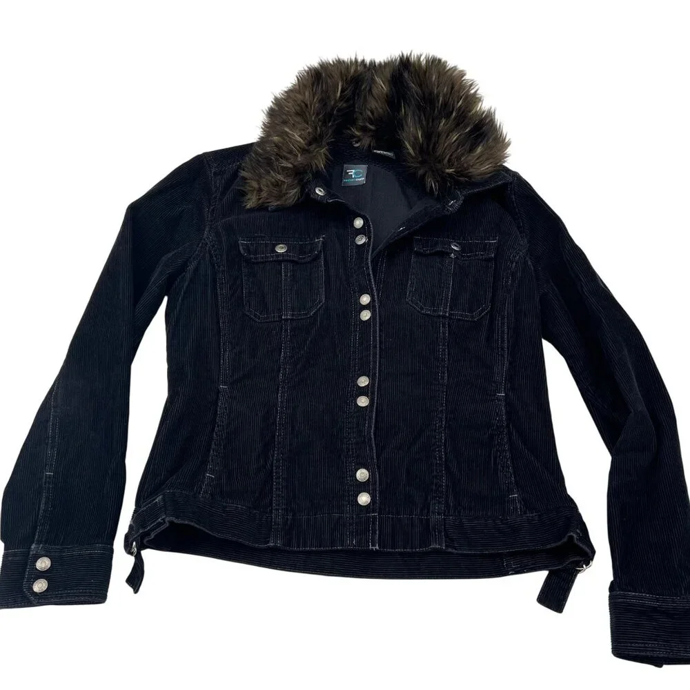Women's Black Corduroy Jacket y2k Faux Fur Detachable Collar French Cuff Size PL