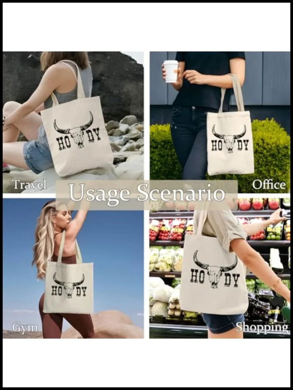 Canvas Tote Bag with Western Skull Print, Reusable Shopping Bag with Inner