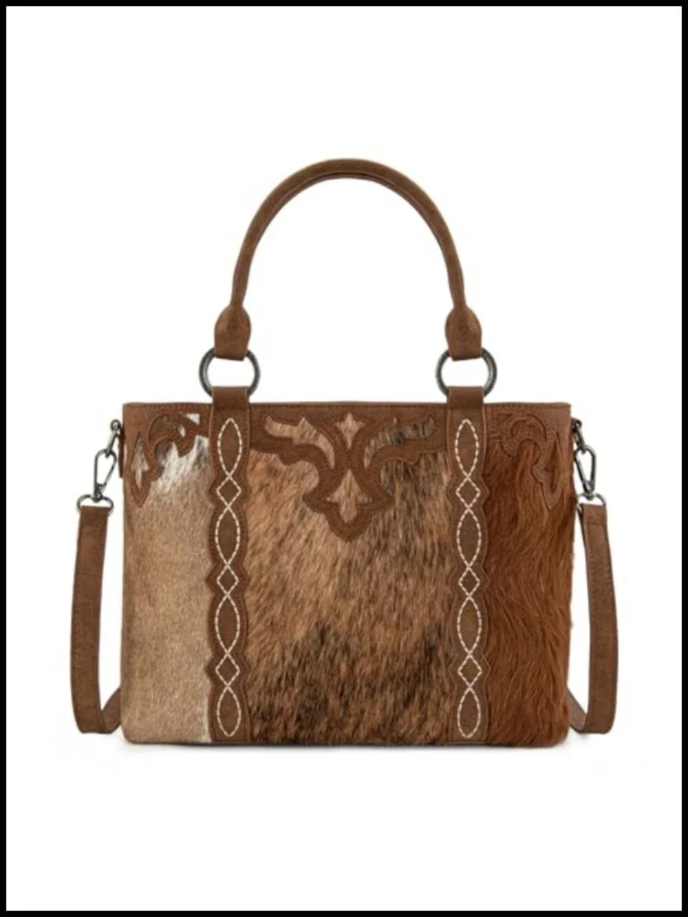 Genuine Hair-On Cowhide Western Tote Bag with Boot Stitch