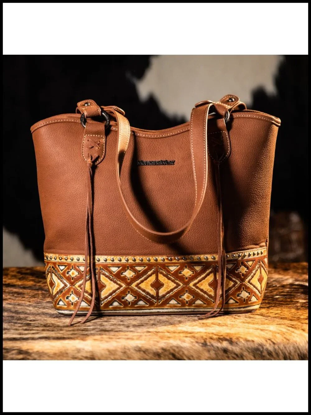 Western Tooled Tote Bag with Holster - Vegan Leather Shoulder Bag