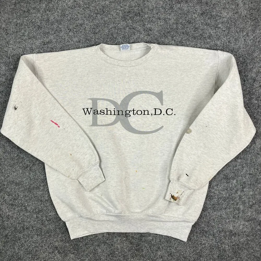 American Knitwear Sweatshirt Mens XL Gray DC Graphic Crewneck Paint Stains‎