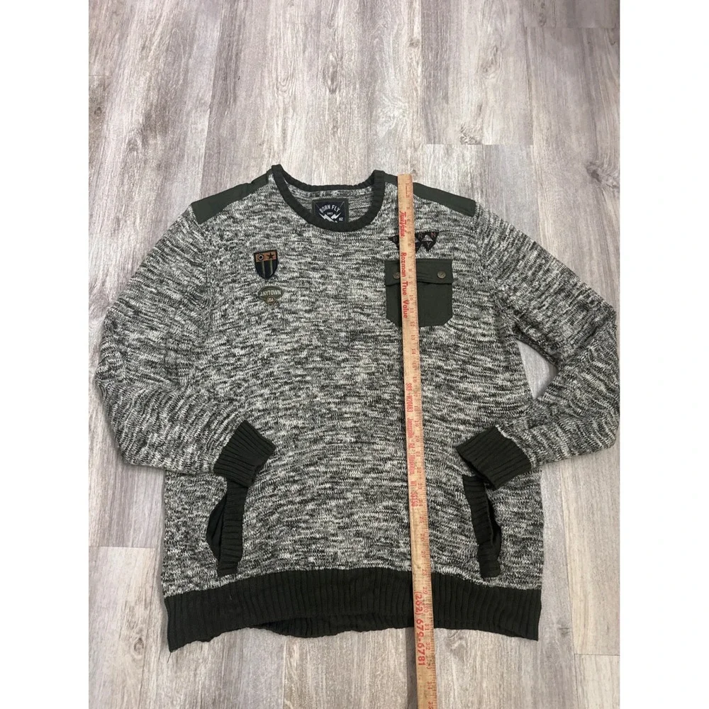 Born‎ Fly Mens 2XL Marled Knit Crewneck Sweater Olive Green Utility Quilted Back