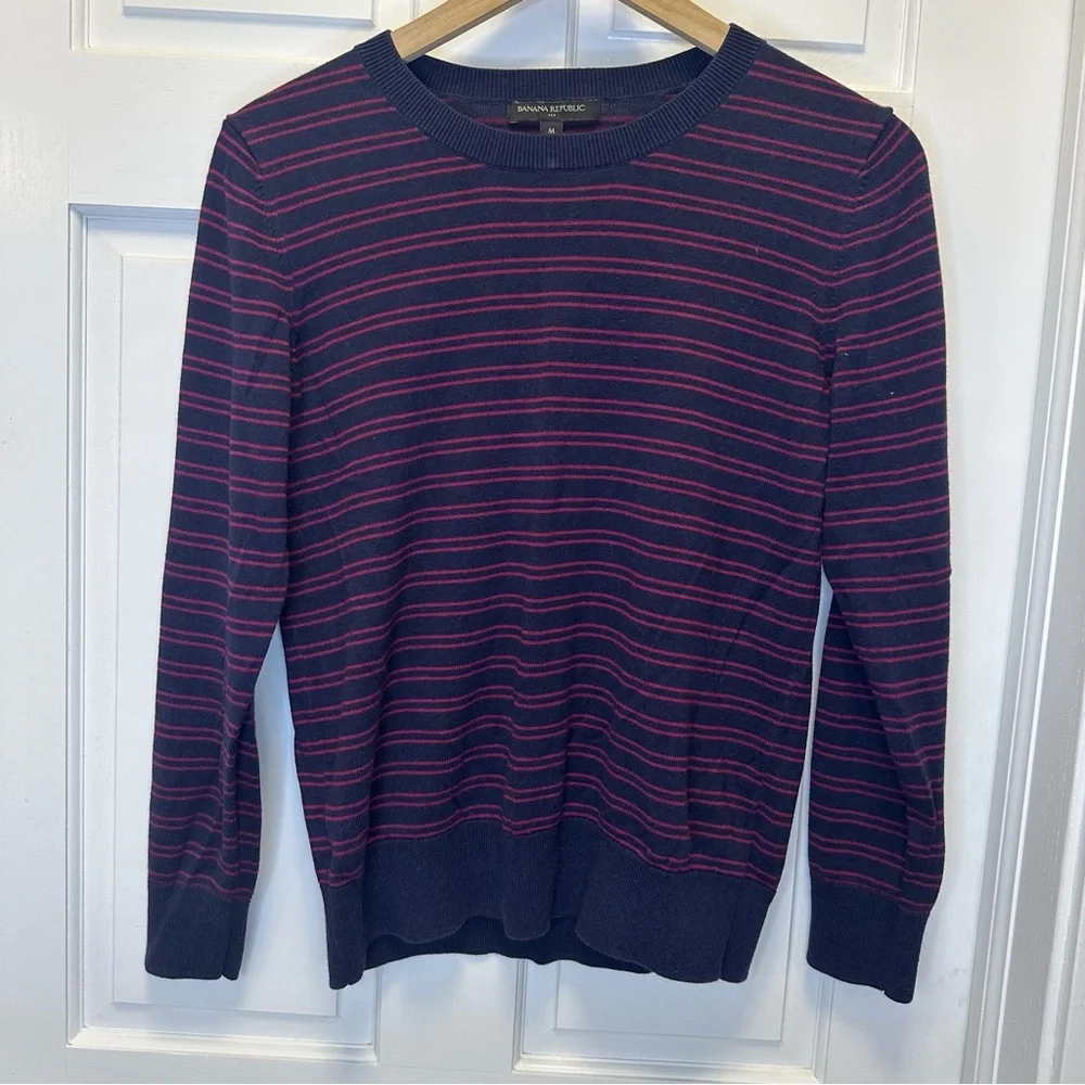 Banana Republic Men's Striped Crewneck Sweater - Navy and Red‎
