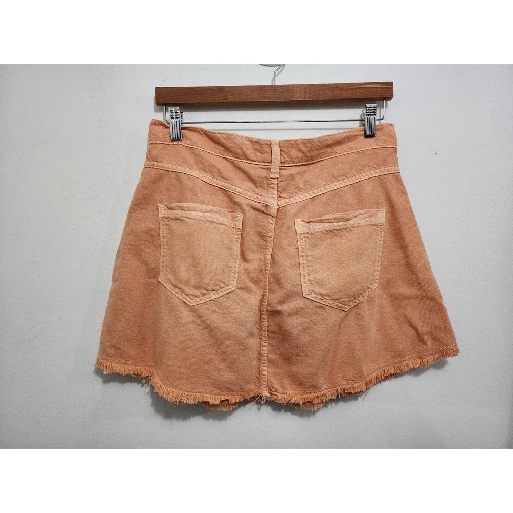 Anthropologie Pilcro Pleated Denim Mini Skirt Orange Fray Hem Button Fly Sz 10