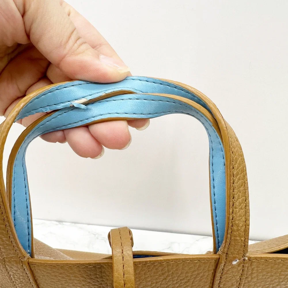 Draper James Reversible‎ Mini Tote Bag Tan Brown Blue Pebbled Leather Crossbody
