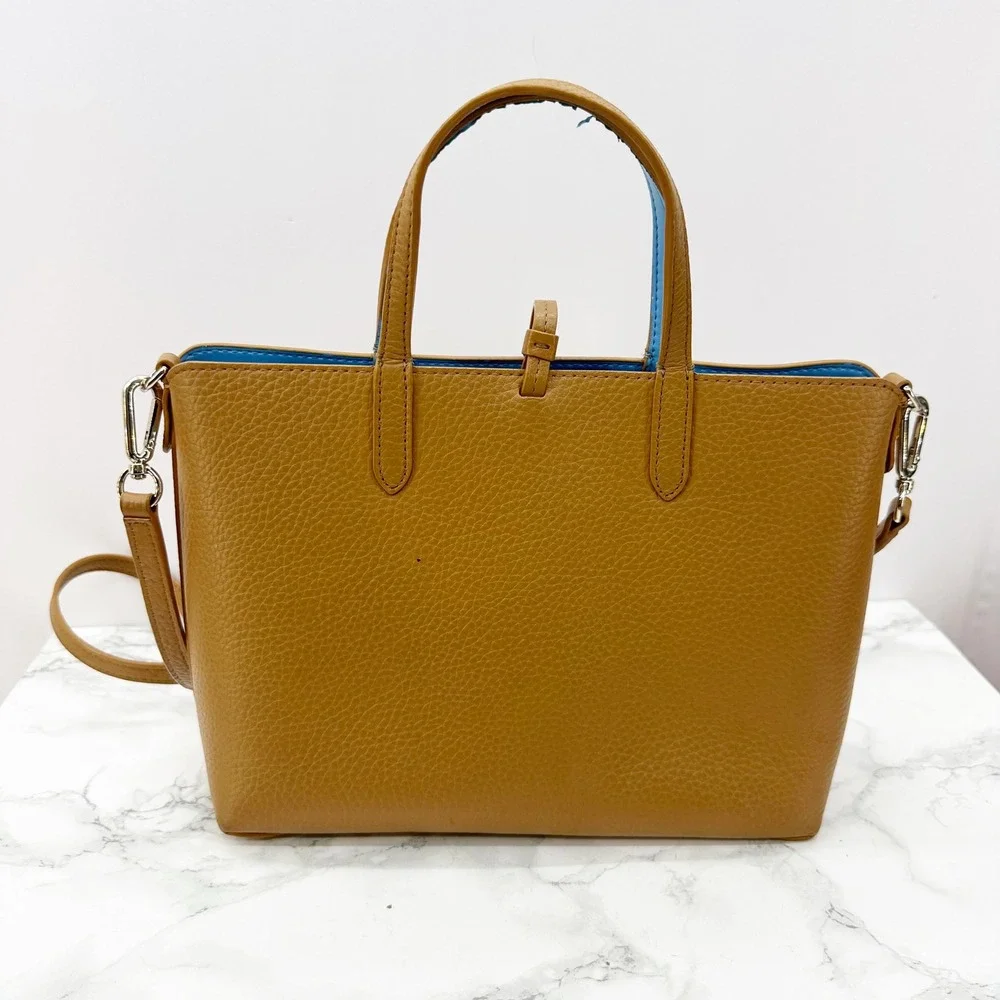 Draper James Reversible‎ Mini Tote Bag Tan Brown Blue Pebbled Leather Crossbody
