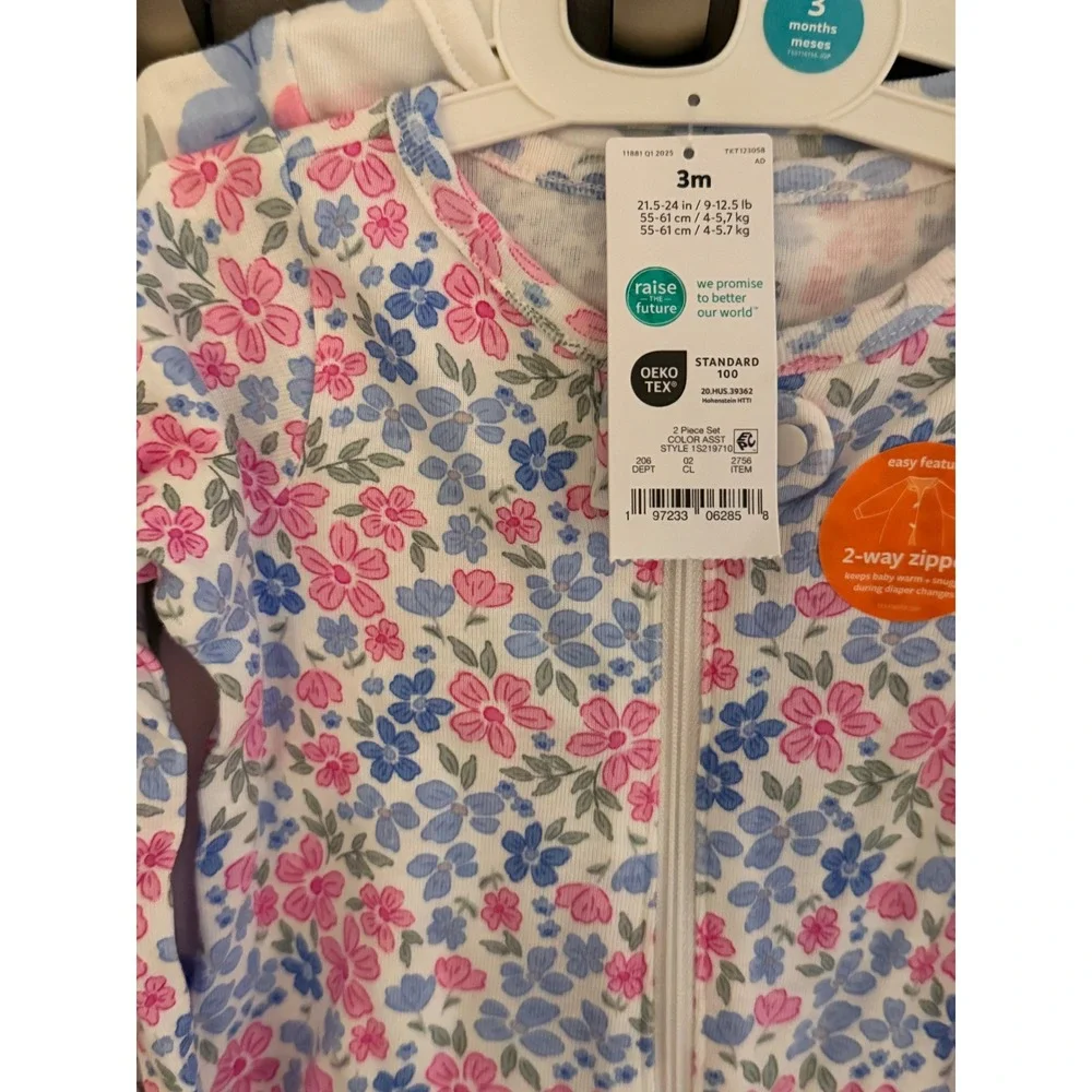 Carters Just One You Baby Girls 2 Pack Floral Footed Pajamas 2-Way Zipper 3M NEW