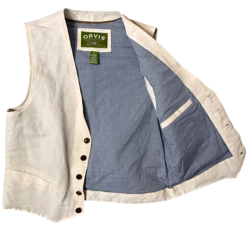 Orvis Hemp Organic Cotton Vest Mens M Gigham Plaid lined Heritage Minimalist‎
