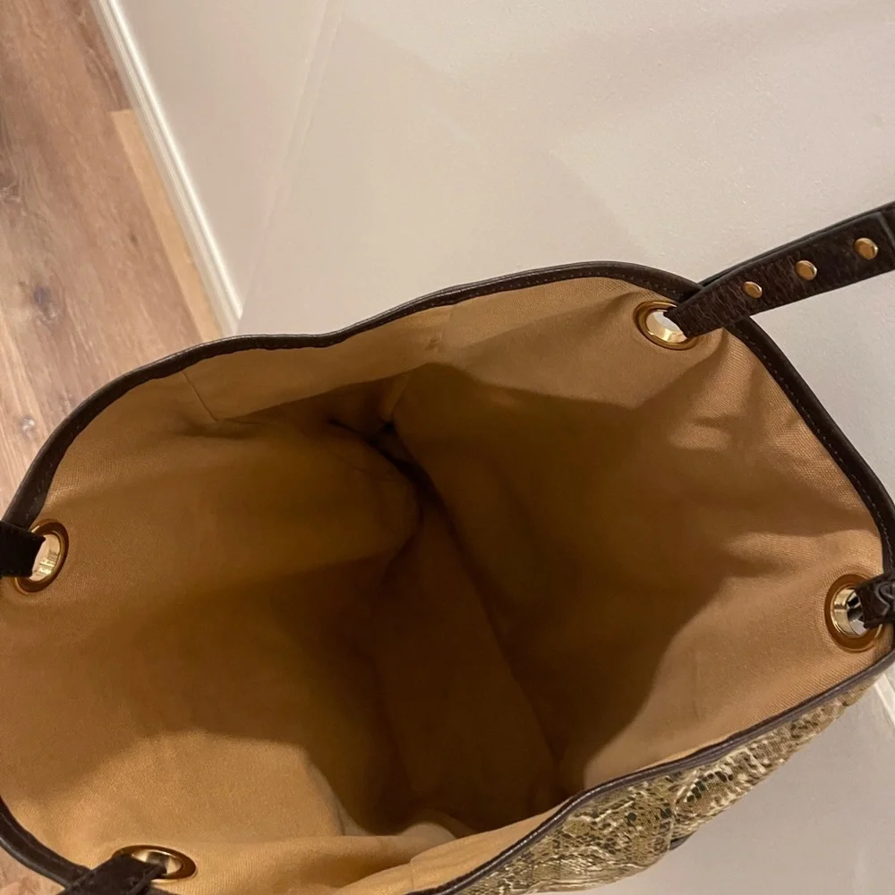 Tory Burch Canvas Reptile Print Tote with Brown Leather Detail
