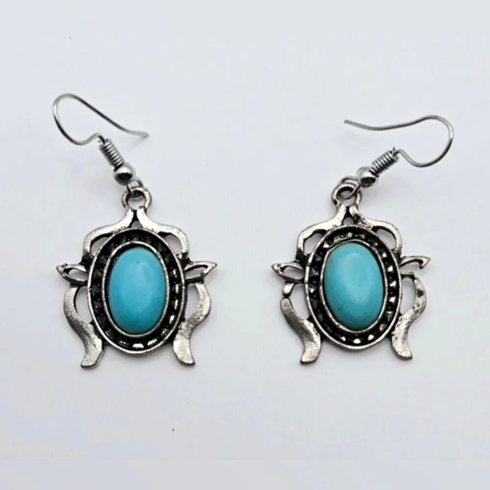 Turquoise Statement Necklace Set Silver Boho Western Bib Earrings Vintage