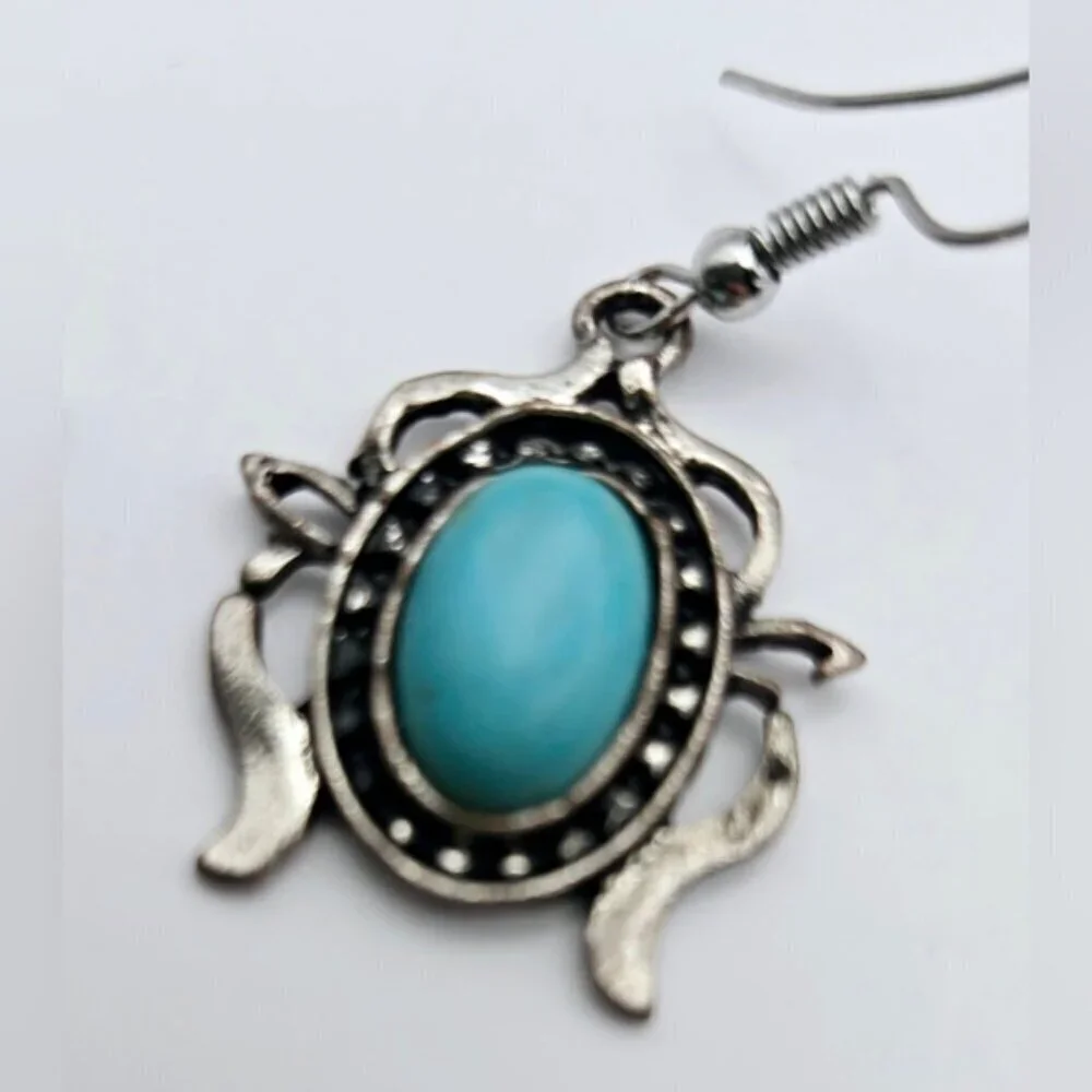 Turquoise Statement Necklace Set Silver Boho Western Bib Earrings Vintage
