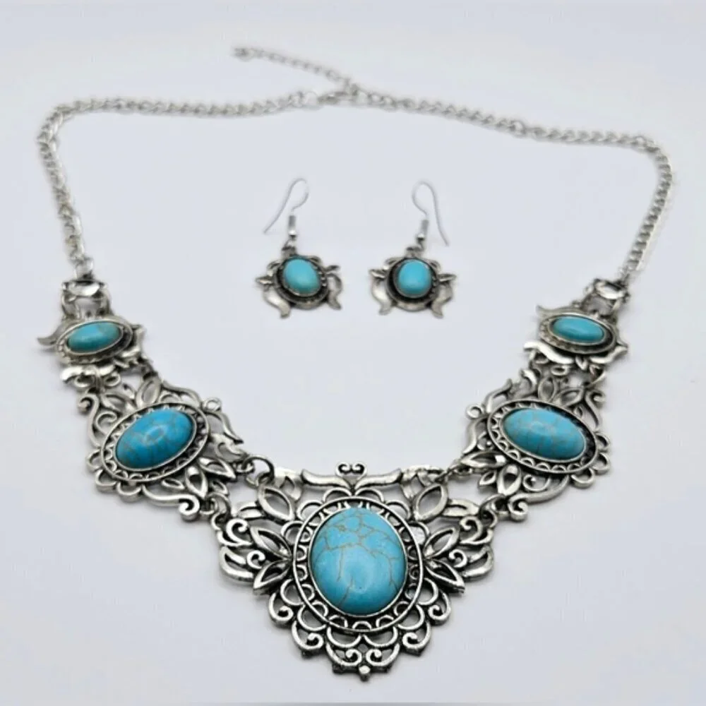Turquoise Statement Necklace Set Silver Boho Western Bib Earrings Vintage