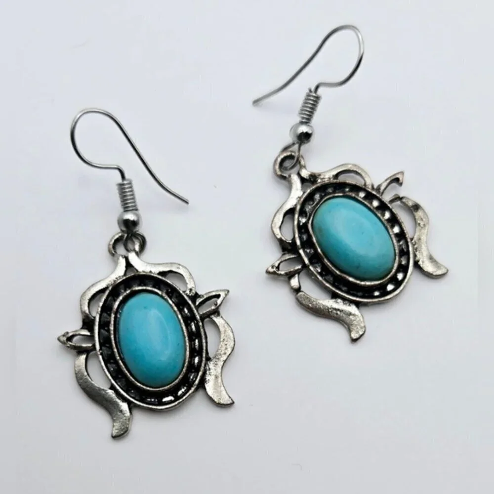 Turquoise Statement Necklace Set Silver Boho Western Bib Earrings Vintage