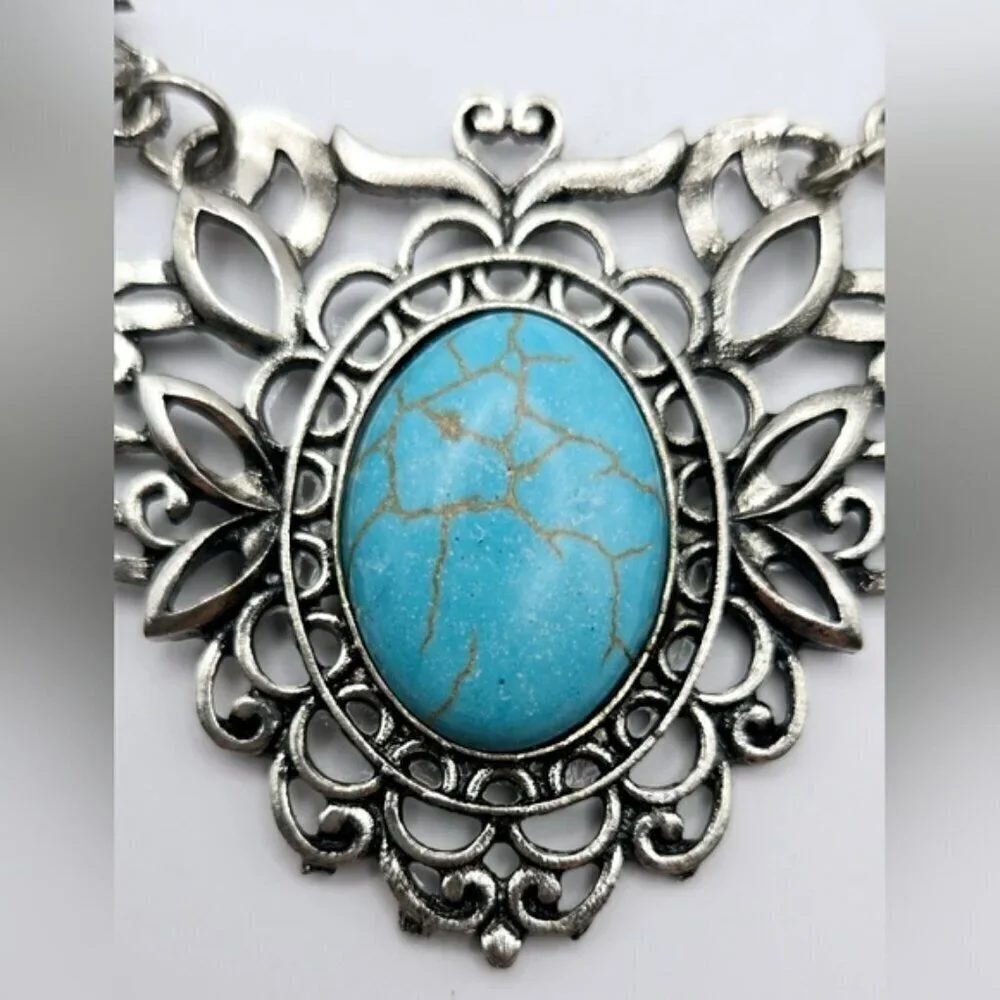 Turquoise Statement Necklace Set Silver Boho Western Bib Earrings Vintage
