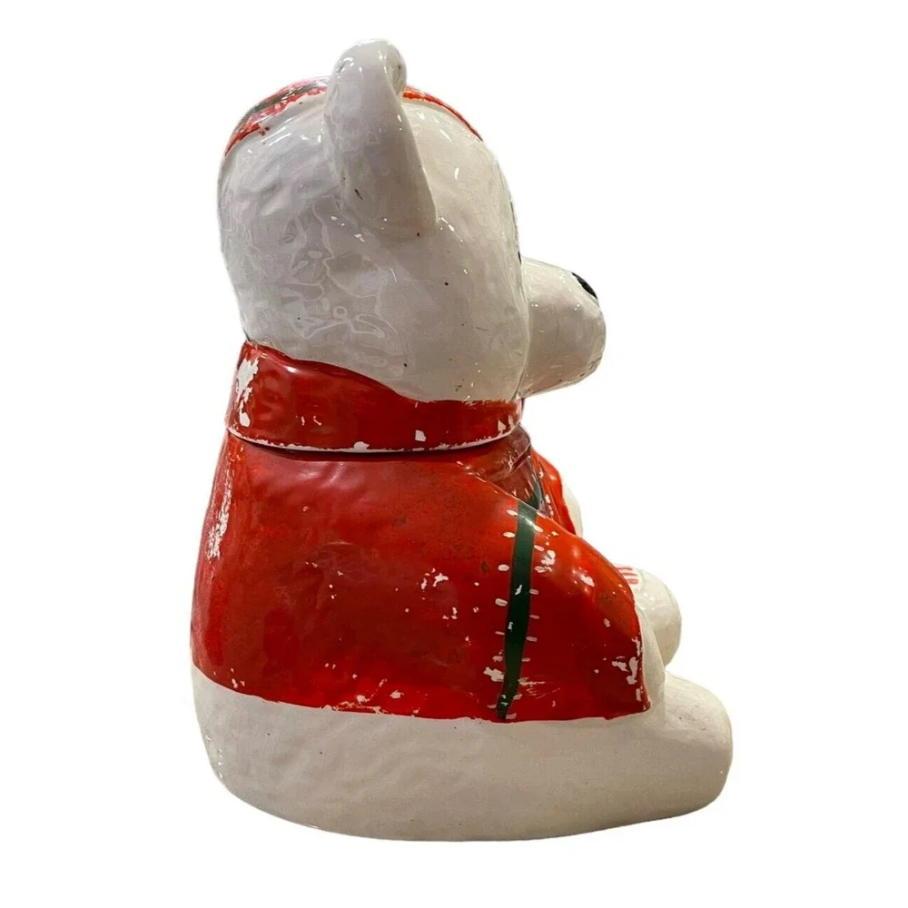 VTG Ceramic White Teddy Bear in Red Sweater‎ Decorative Canister Jar 11.5in Tall