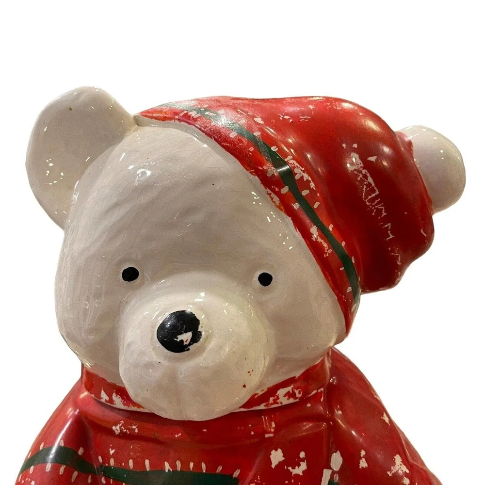 VTG Ceramic White Teddy Bear in Red Sweater‎ Decorative Canister Jar 11.5in Tall