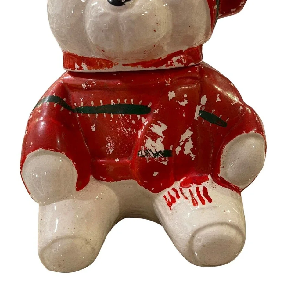 VTG Ceramic White Teddy Bear in Red Sweater‎ Decorative Canister Jar 11.5in Tall