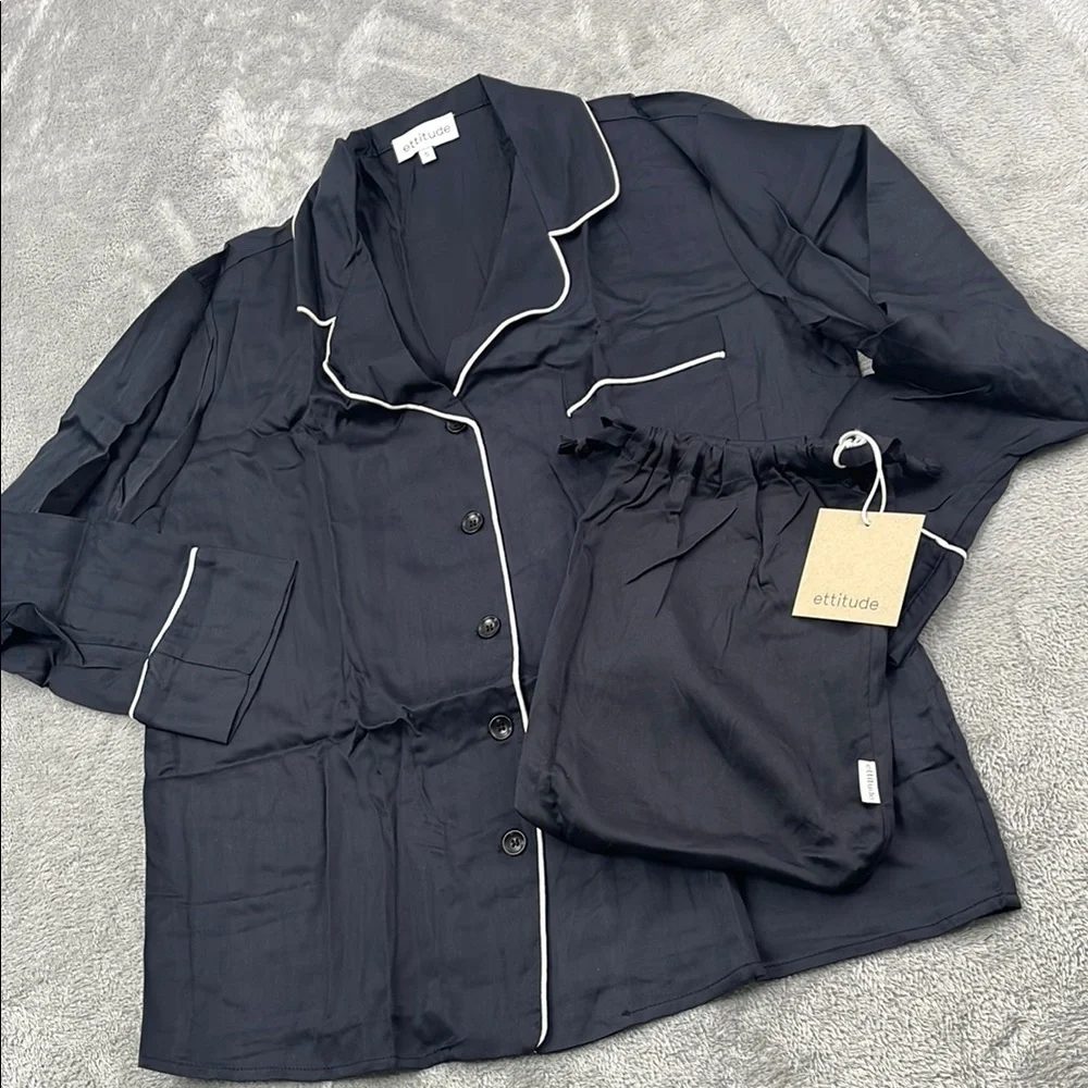 NEW‎ Ettitude S Onyx Black Pajama Long Sleeve Shirt Top with White Trim