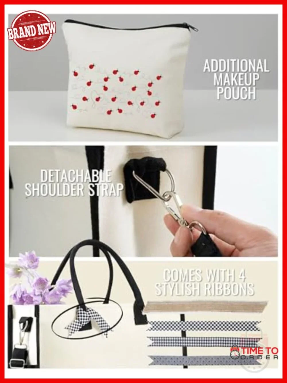 Canvas Tote Bag with Top Zipper and Shoulder Strap, Ladybug Pattern