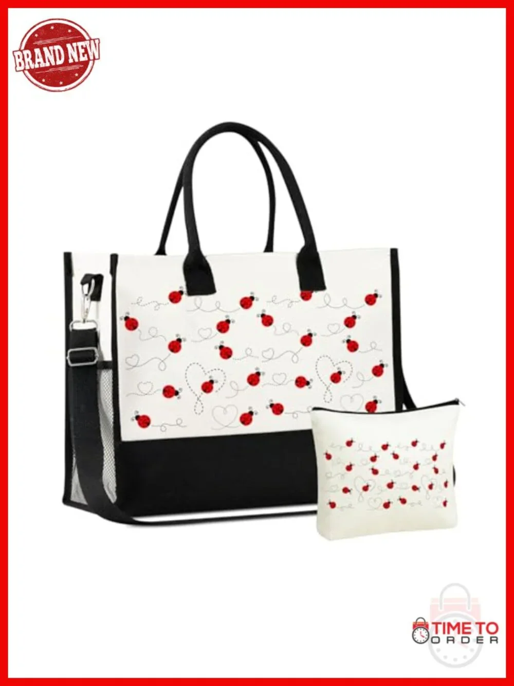 Canvas Tote Bag with Top Zipper and Shoulder Strap, Ladybug Pattern