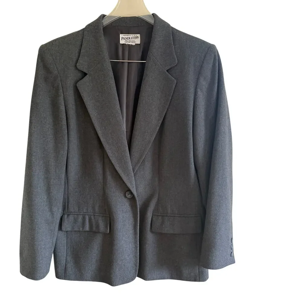 Vintage Pendleton Blazer Gray USA Wool Single Button Classic Jacket Work Fall