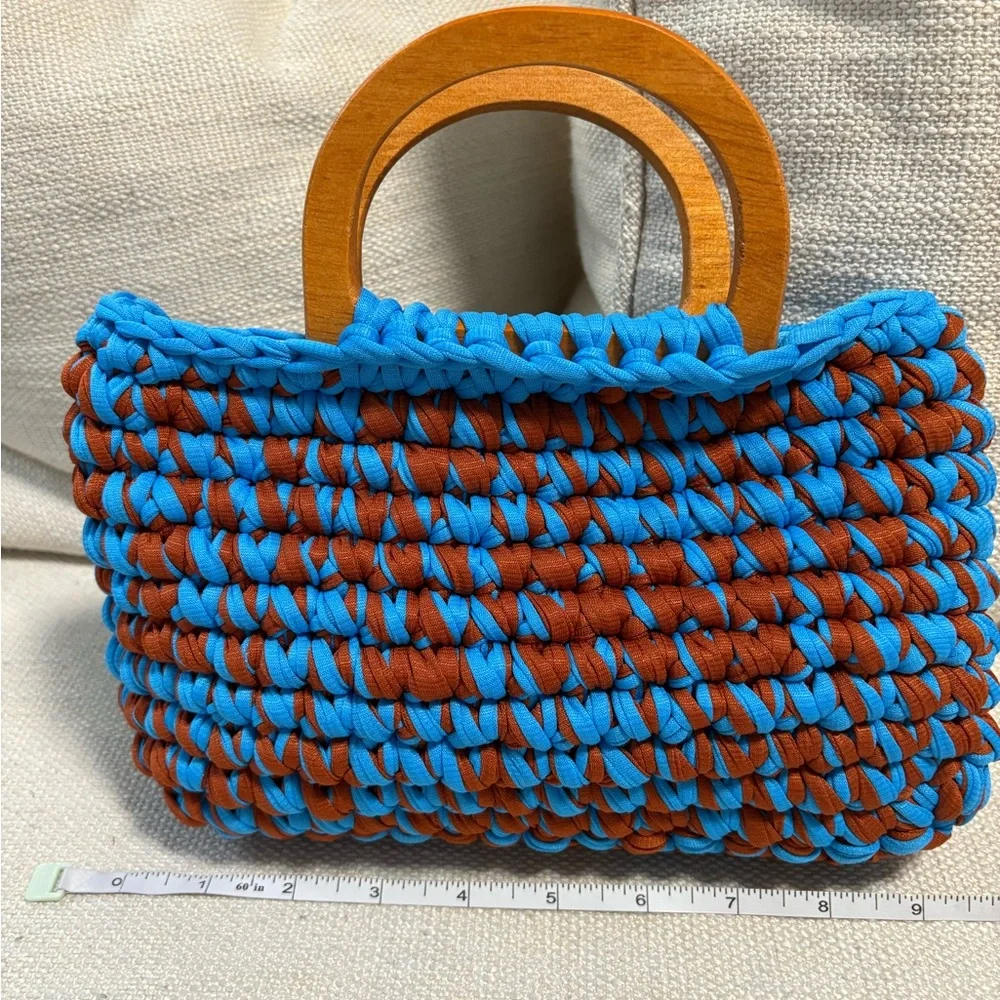 NEW Handcrafted Blue and Brown Woven Bag with Wood Handles.