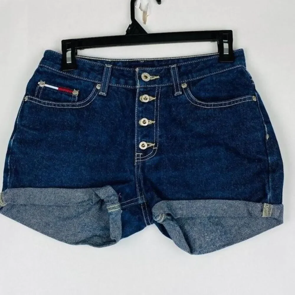 Tommy Girl Shorts Juniors Size 5 Blue Denim Button Fly Rolled Hem Jean Vintage