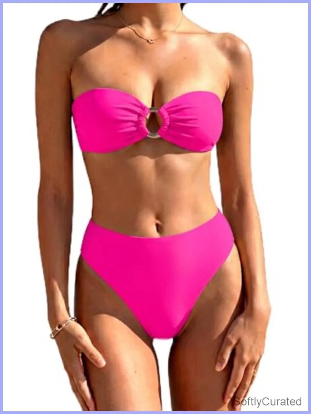 Bandeau O Ring Bikini Set Tie Back High Waisted 2 Piece Swimsuit