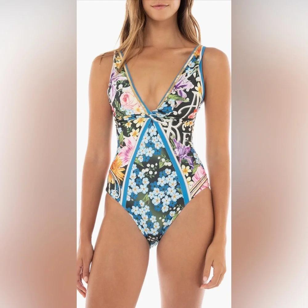 Agua Bendita NWT Billy Dreamin One-Piece Swimsuit Blue Floral‎ Beaded Sz Large