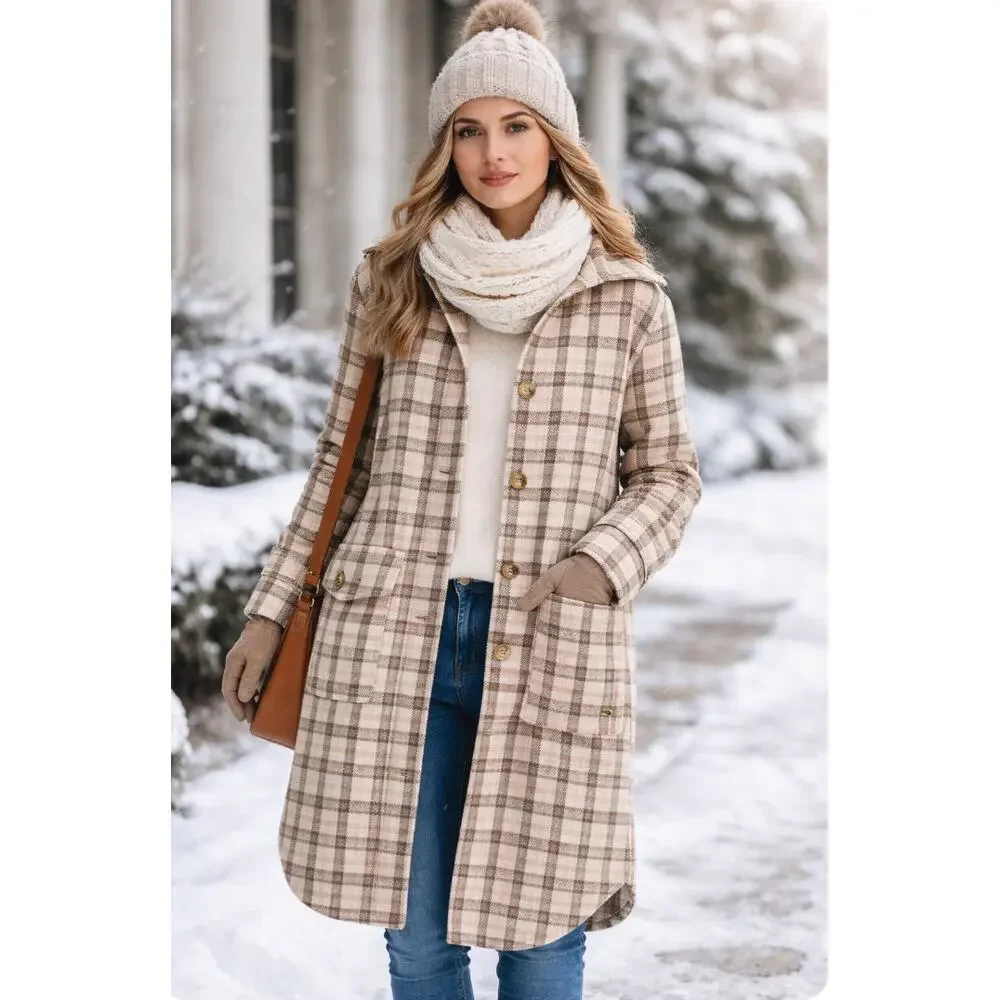 Buffalo David Bitton Large Flannel Cream Brown Plaid Long Line Shacket Cabincore