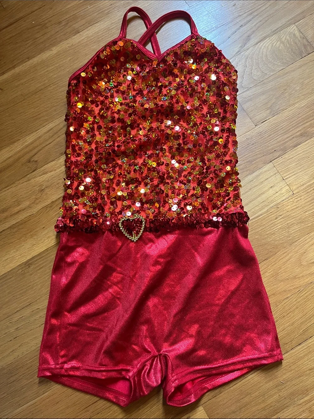 Girls Red and Orange Sequin Dance Costume with Heart Accent