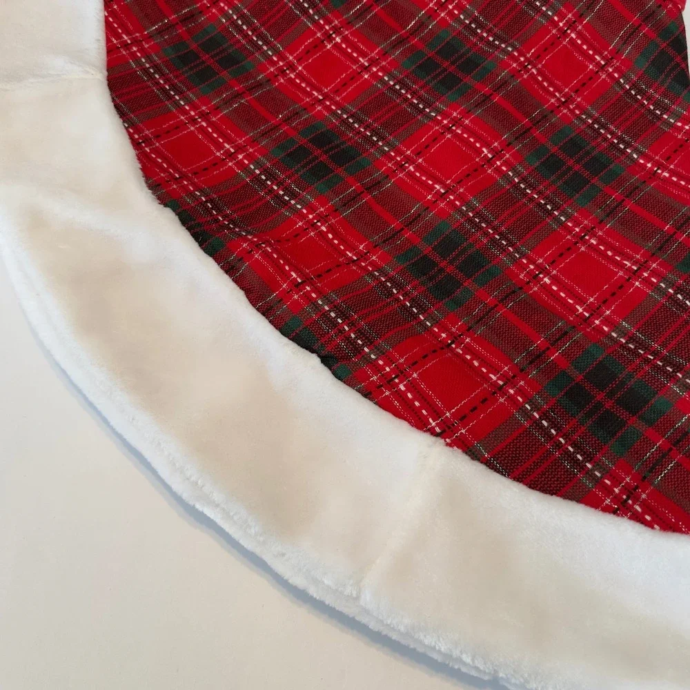 Red Green Plaid Christmas Tree Skirt White Faux Fur Trim‎ Metallic APX 50