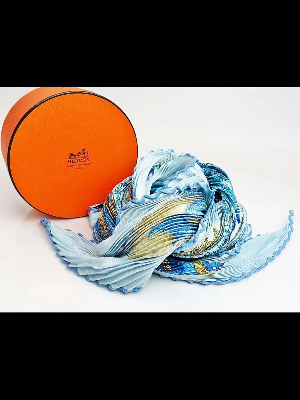 Hermes Light Blue & Gold Pleated Silk Scarf