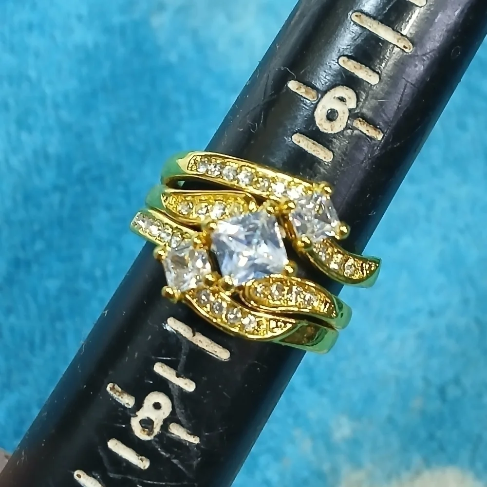 Goldtone wedding engagement 3 ring set cubic zirconia size 7