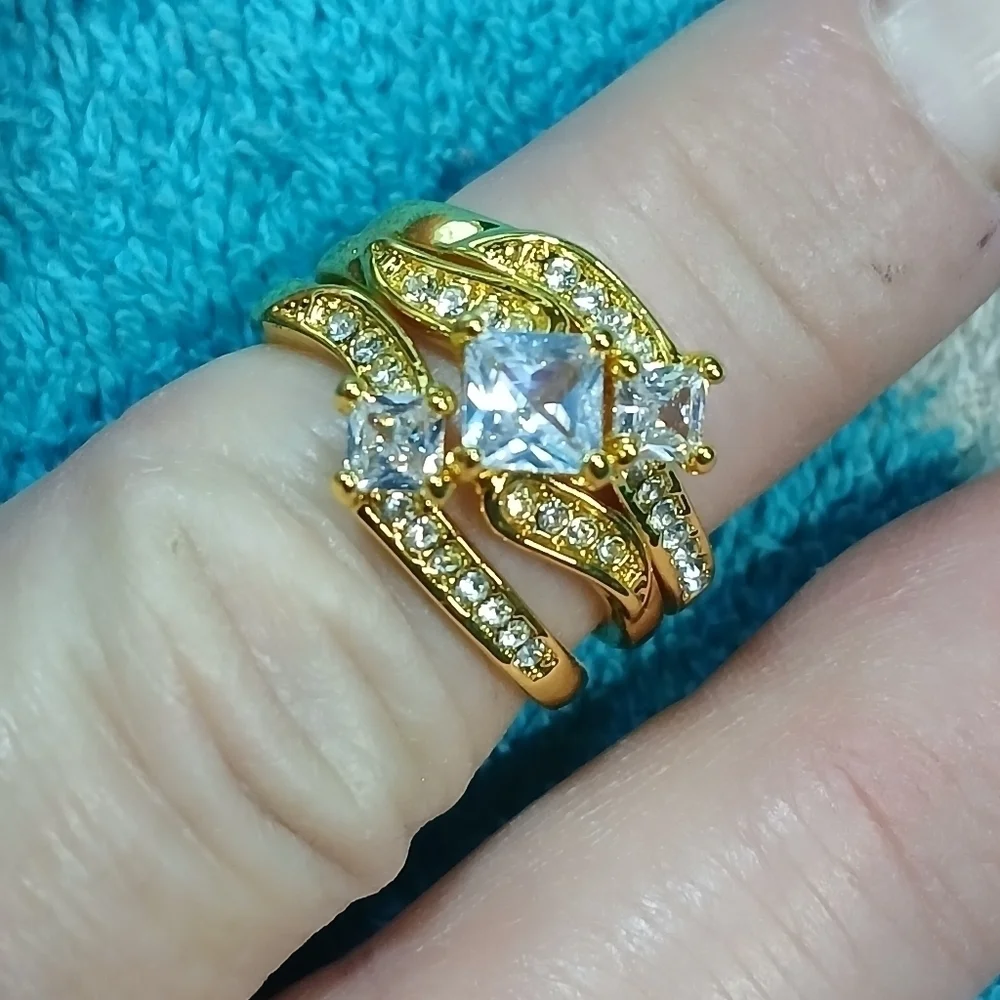 Goldtone wedding engagement 3 ring set cubic zirconia size 7