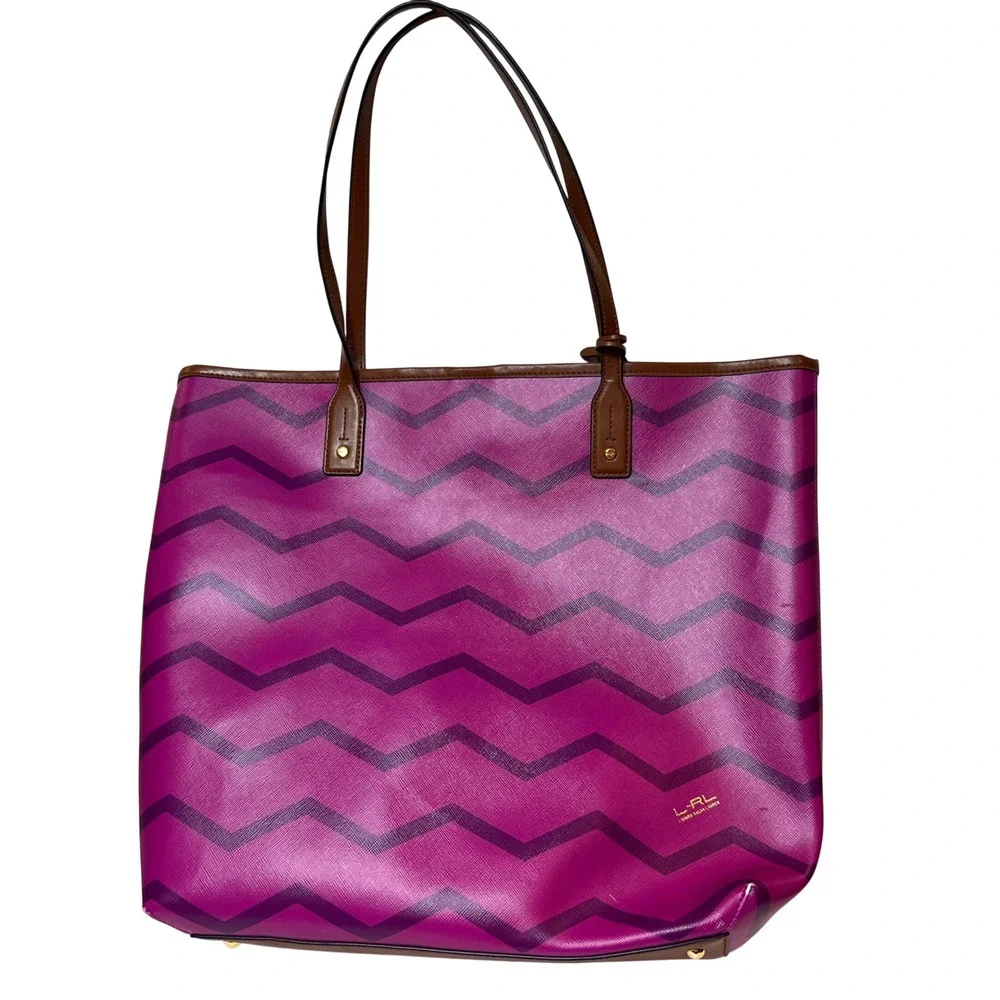 Lauren Ralph Lauren Purple‎ Chevron Tote Bag Brown Straps Gold Hardware Large