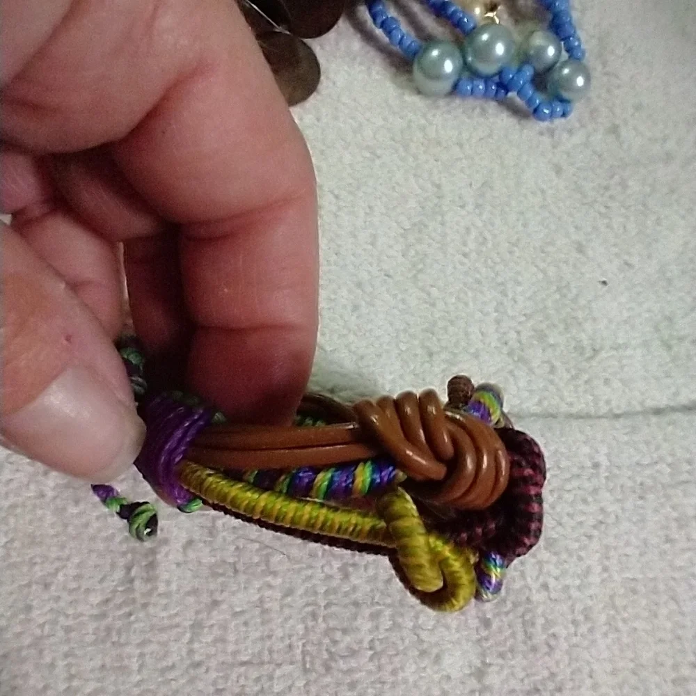 Brown faux leather colorful cord knotted adjustable bracelet