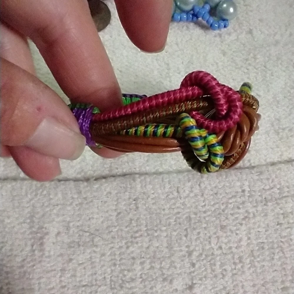 Brown faux leather colorful cord knotted adjustable bracelet