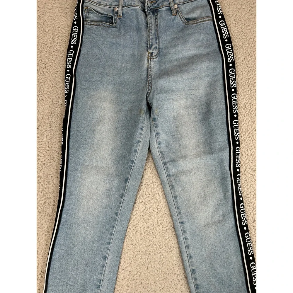 Guess Los Angeles Womens Light Wash Logo Side Stripe‎ Raw Hem Skinny Jeans Blue