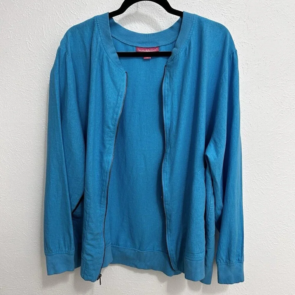 Woman Within Size 2X (18 / 20) Jacket Zipper Front Linen Rayon Blend Cyan Blue‎
