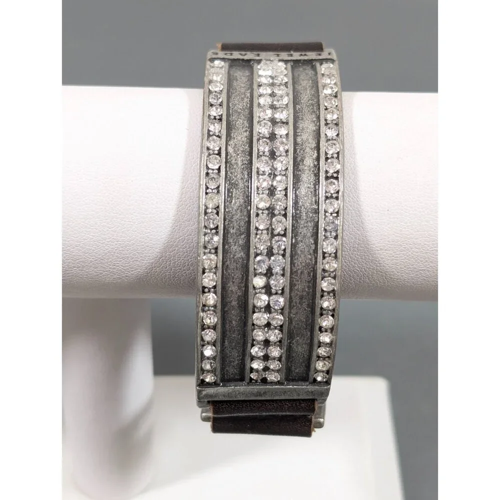Jewel Kade JK‎ Enchanted Crystal Pave Leather Snap Cuff Bracelet Silver Tone 7