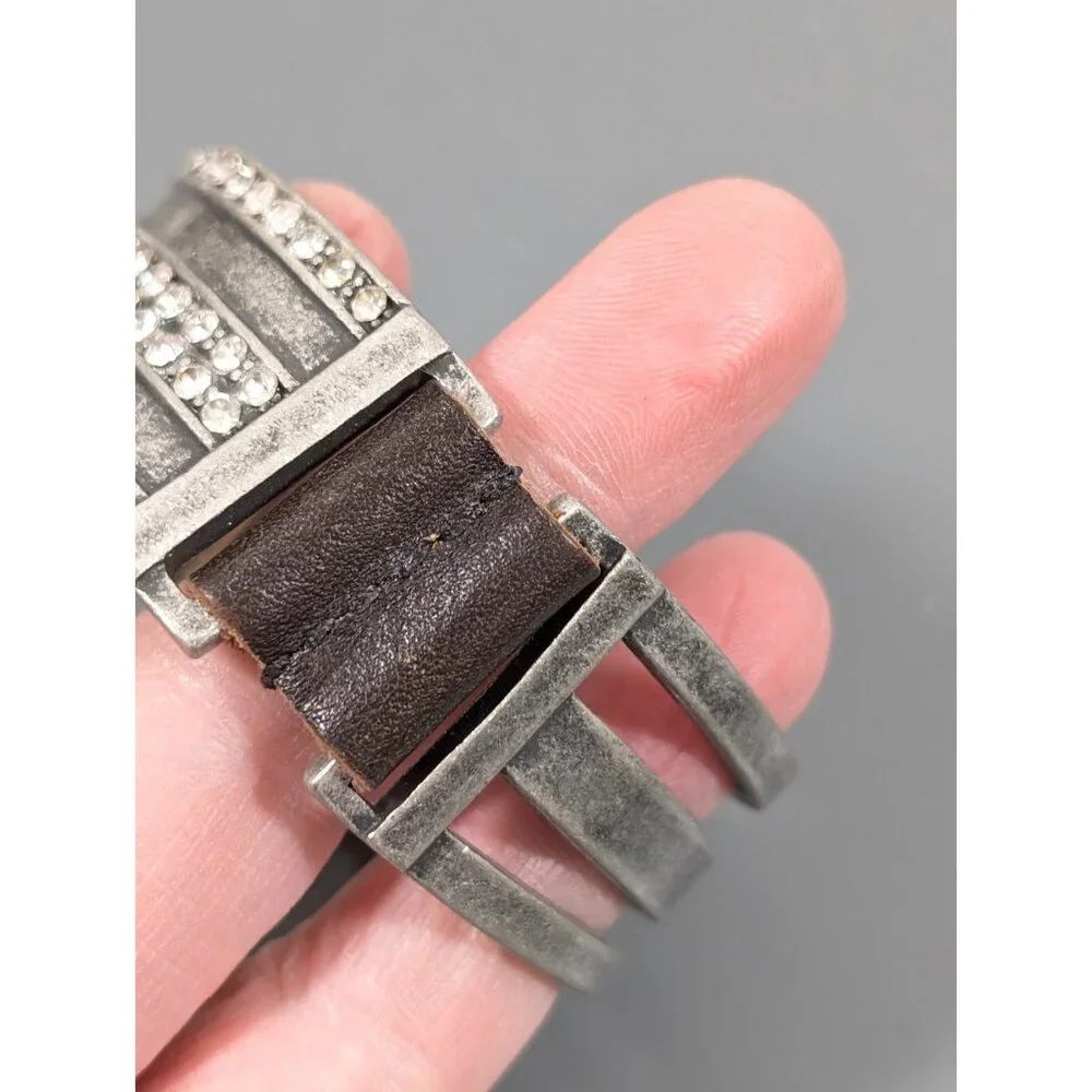 Jewel Kade JK‎ Enchanted Crystal Pave Leather Snap Cuff Bracelet Silver Tone 7