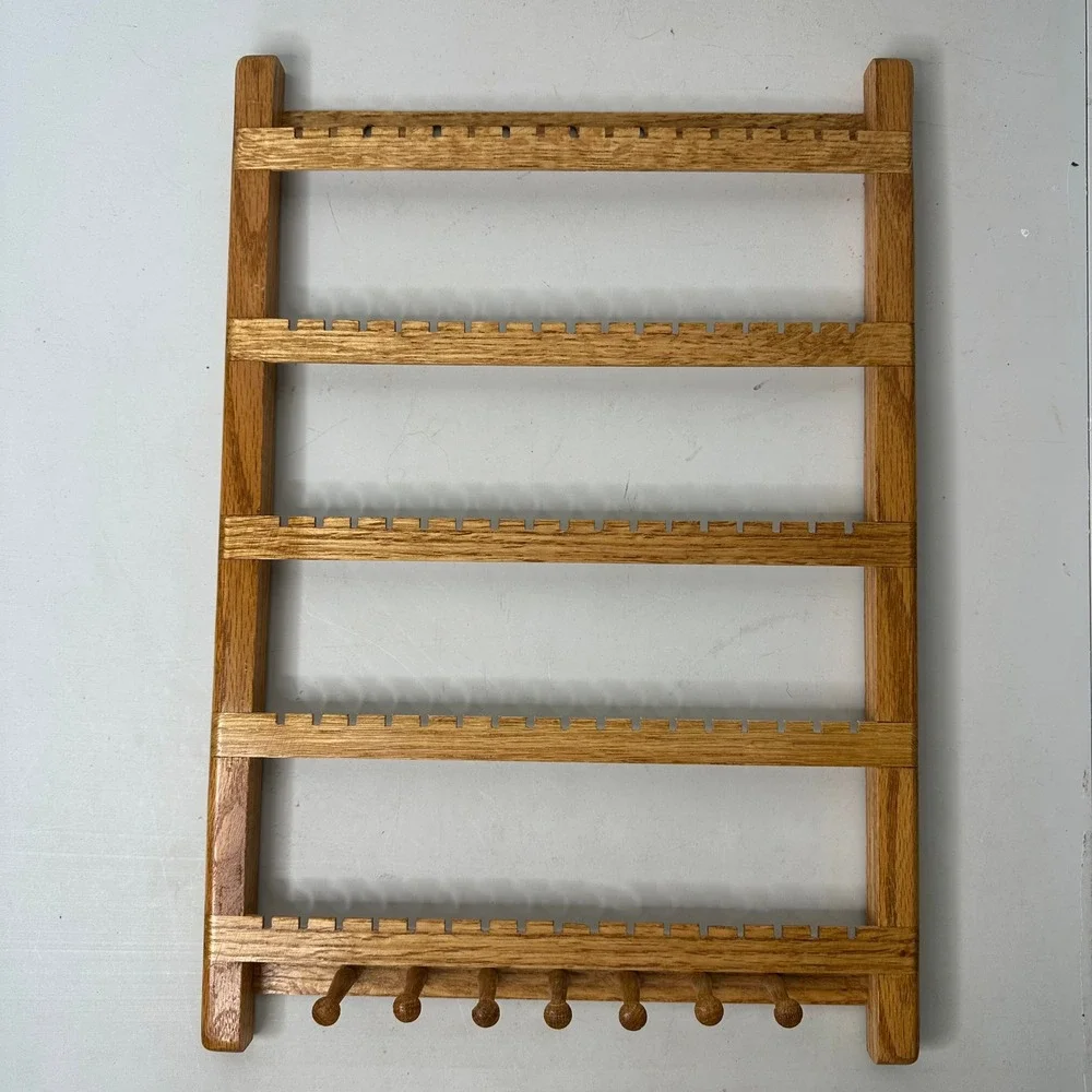 Vintage Oak Wood Wall Mount Jewelry Organizer Rack Earrings Holder