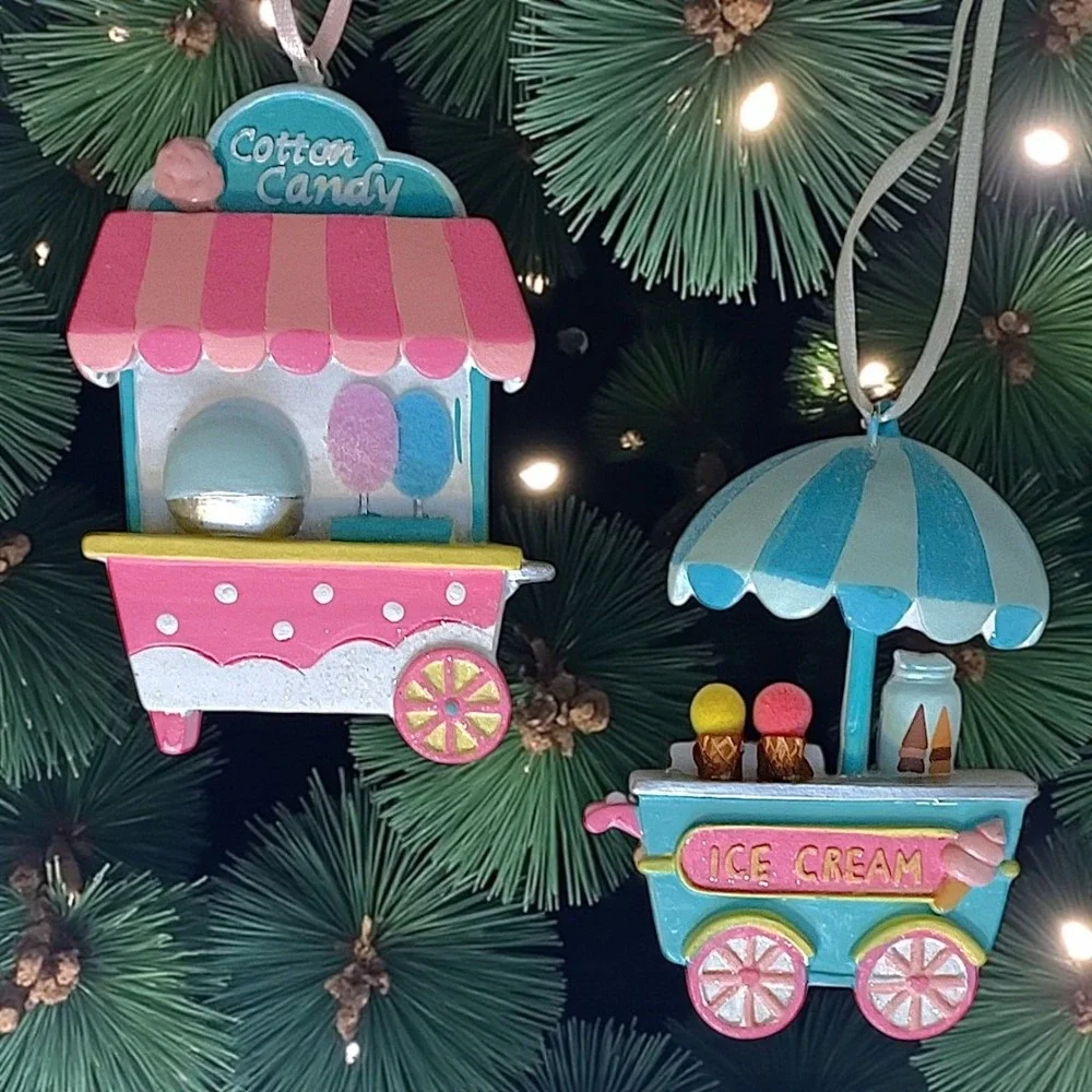 Cotton‎ Candy & Ice Cream Carts  Christmas Tree Ornaments Striped Roof Blue Pink
