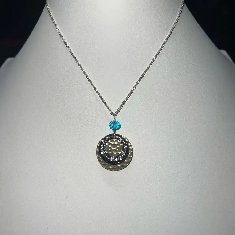 Silver and Gold Tone Hammered Disc Bead Charm Necklace