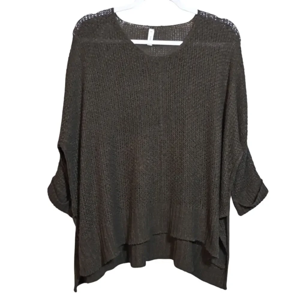 Wishlist Oversized Crochet Open Knit V-Neck Sweater in Olive Casual Relaxed S/M